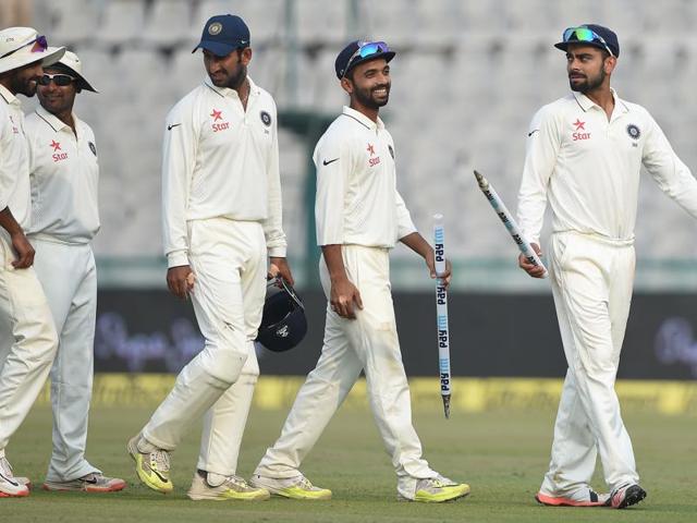 India's captain Virat Kohli, right, carries a stump as the Indian team walks off the field after winning the first Test against South Africa on the third day of play at the Punjab Cricket Association Stadium in Mohali on November 7, 2015. (AFP Photo) India's captain Virat Kohli, right, carries a stump as the Indian team walks off the field after winning the first Test against South Africa on the third day of play at the Punjab Cricket Association Stadium in Mohali on November 7, 2015. (AFP Photo)