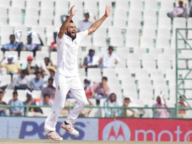 Imran Tahir of South Africa bowler celebrates the wicket of India’s Wriddhiman Saha. (Gurpreet Singh/HT Photo) Imran Tahir of South Africa bowler celebrates the wicket of India’s Wriddhiman Saha. (Gurpreet Singh/HT Photo)