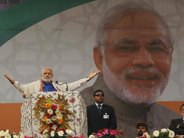 Prime Minister Narendra Modi while addressing a rally at Sher-e-Kashmir stadium in Srinagar announced a special package of Rs 80,000 crore for Jammu and Kashmir.(AP Photo)