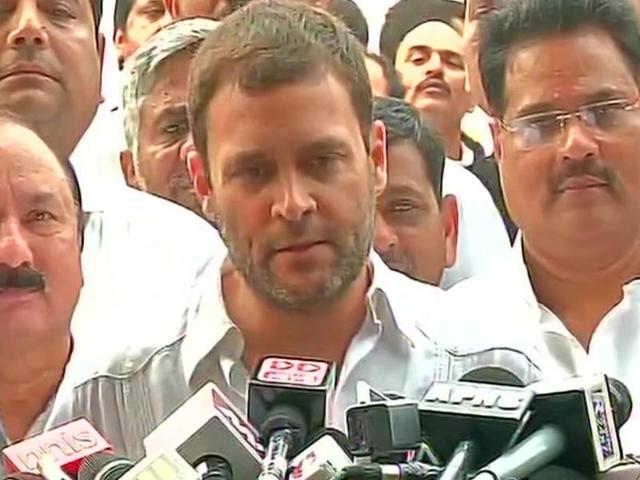 Congress vice president Rahul Gandhi interacts to journalists as the grand alliance looks set to get clear majority in the Bihar assembly elections.(ANI)