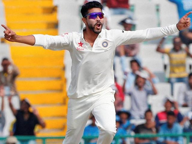 India's Ravindra Jadeja celebrates the dismissal of South Africa's Vernon Philander during the third day of the first Test in Mohali on November 7, 2015.(PTI Photo) India's Ravindra Jadeja celebrates the dismissal of South Africa's Vernon Philander during the third day of the first Test in Mohali on November 7, 2015.(PTI Photo)