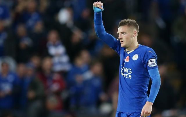 Football - Leicester City v Watford - Barclays Premier League - King Power Stadium - 7/11/15 Jamie Vardy celebrates after scoring the second goal for Leicester in the EPL match against Watford at the King Power Stadium in Leicester on November 7, 2015. (Reuters Photo)