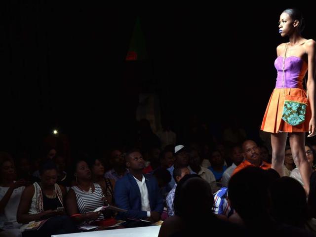A model in a Annie Melissa Etienne creation during the Haiti Fashion Week 2015 held in Port-au-Prince. (AFP)