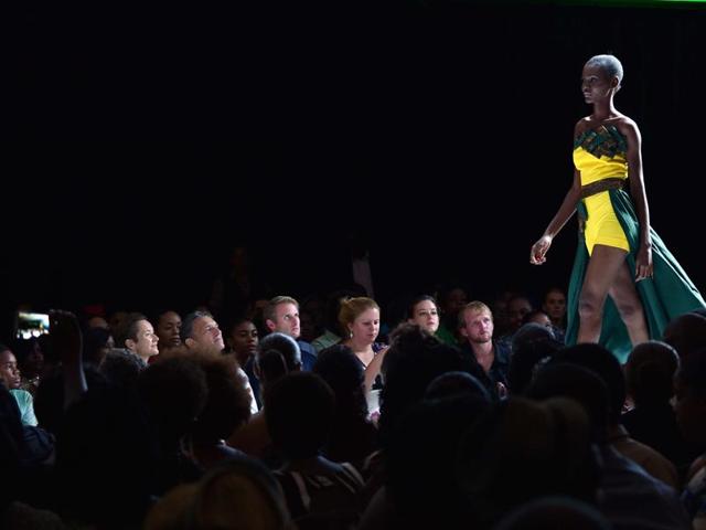 A model in a Jean Abimael Faustin creation during the Haiti Fashion Week 2015 held in Port-au-Prince. (AFP)