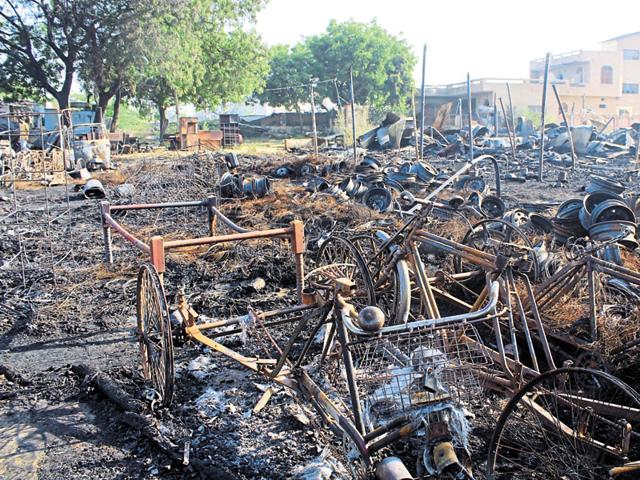 Around 30 furniture shops were charred after a massive fire broke out in Sikanderpur’s furniture market following a gas cylinder explosion in October. Around 30 furniture shops were charred after a massive fire broke out in Sikanderpur’s furniture market following a gas cylinder explosion in October.