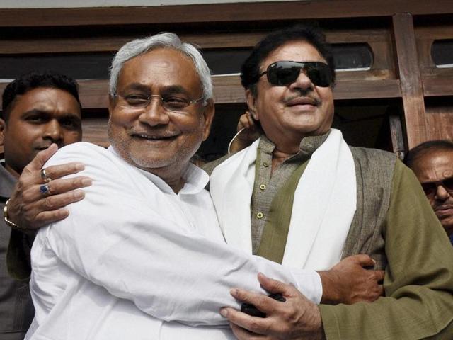 Actor and BJP MP Shatrughan Sinha in conversation with RJD supremo Lalu Prasad after his success in the Bihar elections, in Patna on Monday. (PTI) Actor and BJP MP Shatrughan Sinha in conversation with RJD supremo Lalu Prasad after his success in the Bihar elections, in Patna on Monday. (PTI)