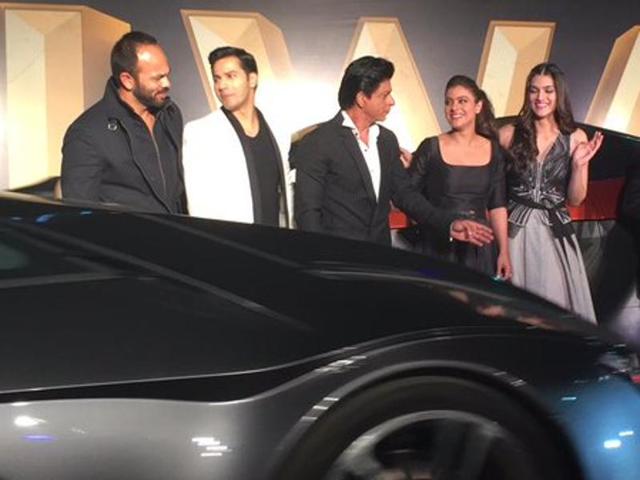 The trailer launch of Rohit Shetty’s Dilwale began with a grand show of Dilip Chabbria designer cars in which the cast of the film reached the venue. Varun Dhawan, Shah Rukh Khan, Kajol and Kriti Sanon are seen here along with their director. (twitter/redchilliesentertainment) The trailer launch of Rohit Shetty’s Dilwale began with a grand show of Dilip Chabbria designer cars in which the cast of the film reached the venue. Varun Dhawan, Shah Rukh Khan, Kajol and Kriti Sanon are seen here along with their director. (twitter/redchilliesentertainment)