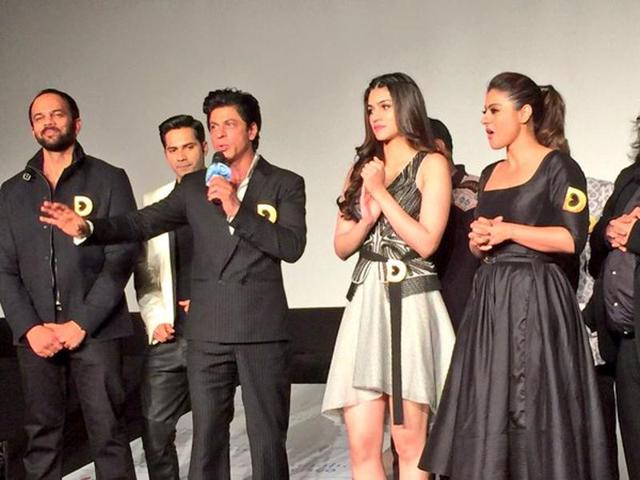 Rohit Shetty keeps his calm but Kriti Sanon and Kajol cannot hide their excitement as Shah Rukh Khan announces the trailer launch of Dilwale. (twitter/redchilliesentertainment) Rohit Shetty keeps his calm but Kriti Sanon and Kajol cannot hide their excitement as Shah Rukh Khan announces the trailer launch of Dilwale. (twitter/redchilliesentertainment)