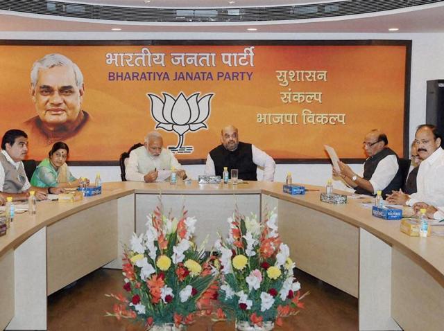 Prime Minister Narendra Modi, BJP president Amit Shah, Sushma Swaraj, Nitin Gadkari, Venkaiah Naidu and Rajnath Singh at the party's parliamentary board meeting in New Delhi on Monday. (PTI) Prime Minister Narendra Modi, BJP president Amit Shah, Sushma Swaraj, Nitin Gadkari, Venkaiah Naidu and Rajnath Singh at the party's parliamentary board meeting in New Delhi on Monday. (PTI)
