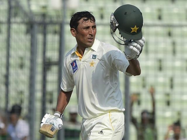 In this photograph taken on May 6, 2015, Pakistan cricketer Younis Khan reacts after scoring a century (100 runs) during the first day of the second cricket Test match between Bangladesh and Pakistan at The Sher-e-Bangla National Cricket Stadium in Dhaka. (AFP) In this photograph taken on May 6, 2015, Pakistan cricketer Younis Khan reacts after scoring a century (100 runs) during the first day of the second cricket Test match between Bangladesh and Pakistan at The Sher-e-Bangla National Cricket Stadium in Dhaka. (AFP)
