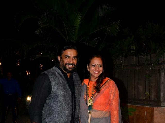 Actor R Madhavan and his wife Sarita arrive for Akshay Kumar`s Diwali party in Mumbai on Nov 9, 2015. (IANS) Actor R Madhavan and his wife Sarita arrive for Akshay Kumar`s Diwali party in Mumbai on Nov 9, 2015. (IANS)