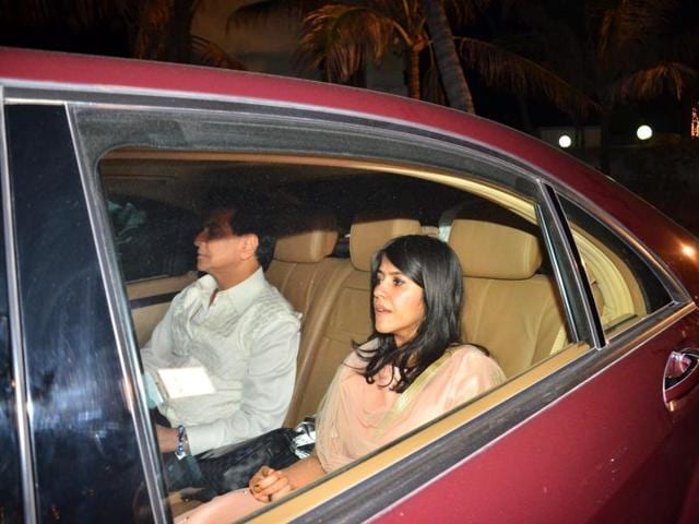 Actor Jeetendra and his daughter and filmmaker Ekta Kapoor arrive for Akshay Kumar`s Diwali party in Mumbai on Nov 9, 2015. (IANS) Actor Jeetendra and his daughter and filmmaker Ekta Kapoor arrive for Akshay Kumar`s Diwali party in Mumbai on Nov 9, 2015. (IANS)