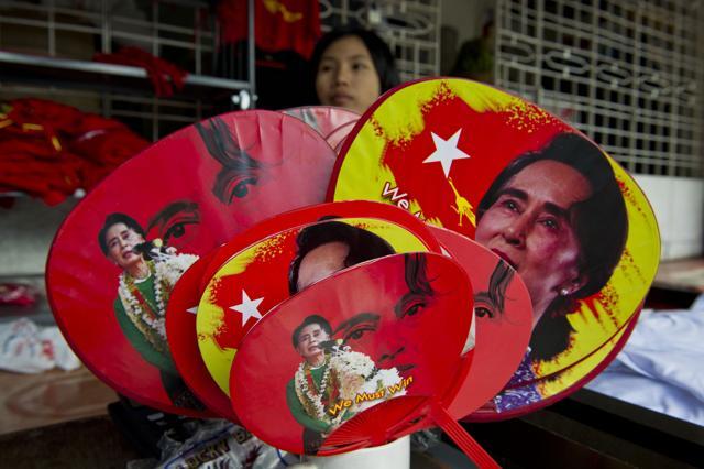 Various fans with portraits of Myanmar opposition leader Aung San Suu Kyi are seen for sale outside the National League for Democracy (NLD) party headquarters in Yangon. (AFP) Various fans with portraits of Myanmar opposition leader Aung San Suu Kyi are seen for sale outside the National League for Democracy (NLD) party headquarters in Yangon. (AFP)
