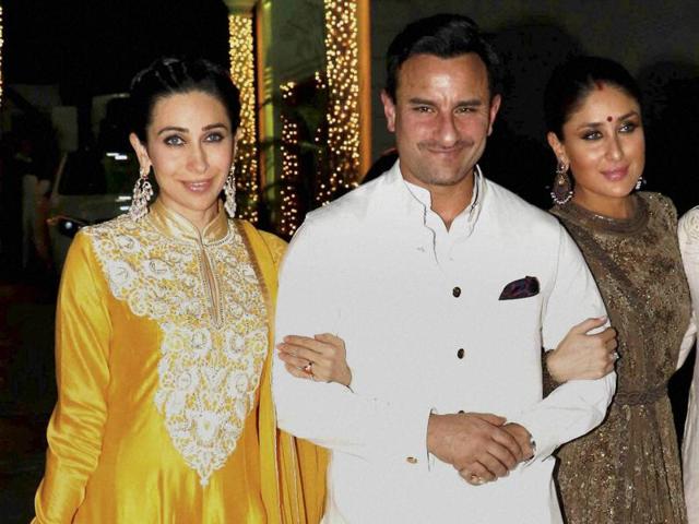 Saif Ali Khan, Kareena Kapoor and Karishma Kapoor arrive for Shilpa Shetty’s Diwali party in Mumbai, on Monday. (PTI)