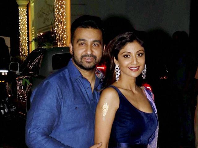 Shilpa Shetty with her husband Raj Kundra during her Diwali bash in Mumbai on Tuesday. (PTI) Shilpa Shetty with her husband Raj Kundra during her Diwali bash in Mumbai on Tuesday. (PTI)