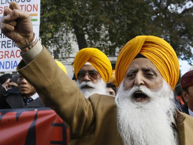 Protestors against the visit of Prime Minister Narendra Modi demonstrate, in London.(AP Photo)