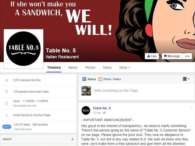 The cover photo on the Facebook page of Table No. 5 with the tagline “if she won’t make you a sandwich we will”. (Photo: Facebook page of Table No. 5) The cover photo on the Facebook page of Table No. 5 with the tagline “if she won’t make you a sandwich we will”. (Photo: Facebook page of Table No. 5)