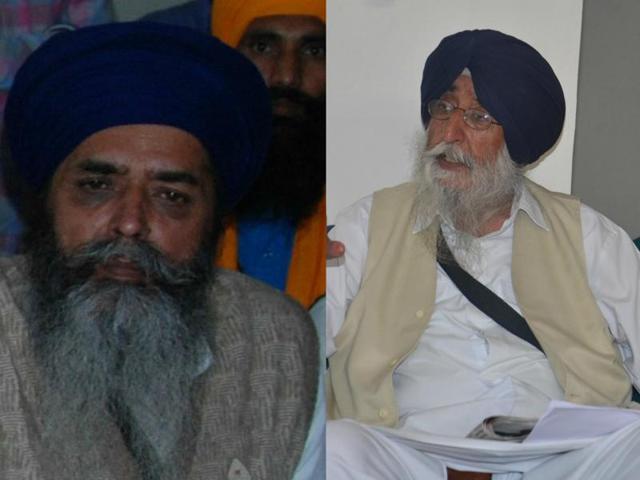 United Akali Dal chief Mohkam Singh (left) and Amritsar SAD chief Simranjit Singh Mann (right)(HT Photo)