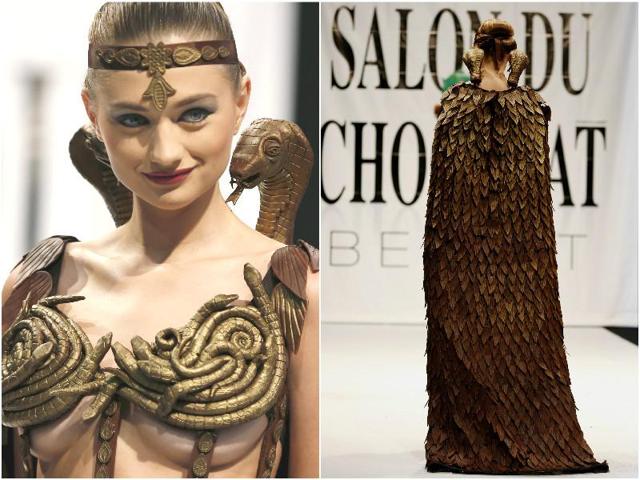 A model presents a creation made with chocolate by professional designers and pastry chefs during a Chocolate Fashion Show at the Salon Du Chocolat in Beirut. (REUTERS)