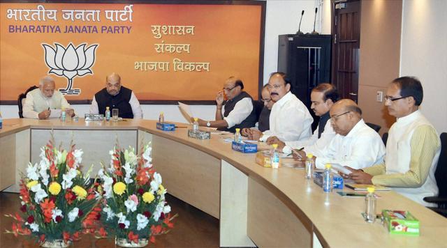 Prime Minister Narendra Modi, BJP President Amit Shah, Rajnath Singh, Arun Jaitley, Venkaiah Naidu, Ananth Kumar, Thaawar Chand Gehlot and Shivraj Singh Chauhan at the party's parliamentary board meeting in New Delhi on Monday. (PTI) Prime Minister Narendra Modi, BJP President Amit Shah, Rajnath Singh, Arun Jaitley, Venkaiah Naidu, Ananth Kumar, Thaawar Chand Gehlot and Shivraj Singh Chauhan at the party's parliamentary board meeting in New Delhi on Monday. (PTI)