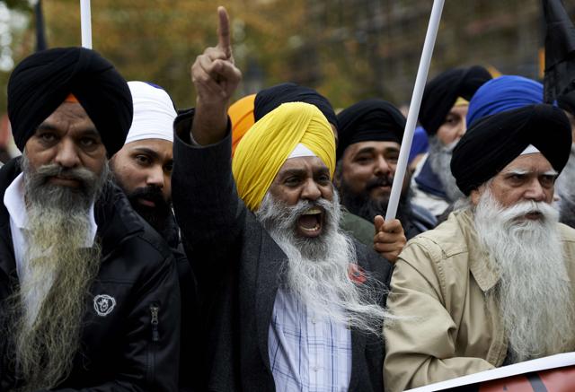 Protestors from the Sikh community demonstrate against Prime Minister Narendra Modi by Parliament square in central London on November 12. (AFP) Protestors from the Sikh community demonstrate against Prime Minister Narendra Modi by Parliament square in central London on November 12. (AFP)