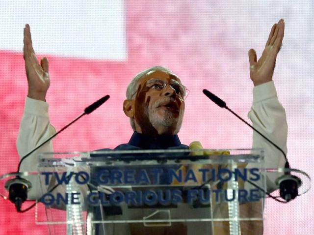 Prime Minister Narendra Modi addresses Indian Community at Wembley Stadium in London. (PTI) Prime Minister Narendra Modi addresses Indian Community at Wembley Stadium in London. (PTI)