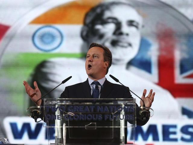 British Prime Minister David Cameron addresses a welcome rally for Prime Minister Narendra Modi at Wembley Stadium, in London.(AFP Photo) British Prime Minister David Cameron addresses a welcome rally for Prime Minister Narendra Modi at Wembley Stadium, in London.(AFP Photo)
