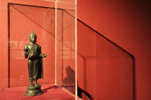 A standing Buddha made of bronze from Tamil Nadu. (Photo by Saumya Khandelwal/ Hindustan Times) A standing Buddha made of bronze from Tamil Nadu. (Photo by Saumya Khandelwal/ Hindustan Times)