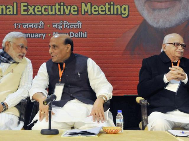 From left to right, BJP leader Murli Manohar Joshi, external affairs minister Sushma Swaraj, home minister Rajnath Singh, senior leader LK Advani and Prime Minister Narendra Modi, in New Delhi.(Sonu Mehta/ HT File Photo)