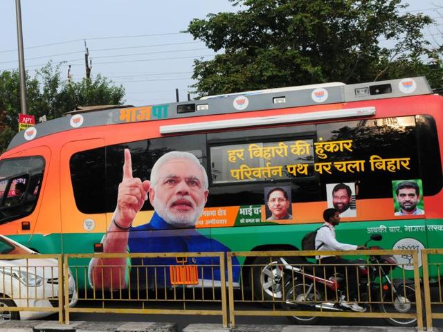 File photo of a BJP campaign bus, in Bihar.(Mujeeb Faruqui/HT Photo)