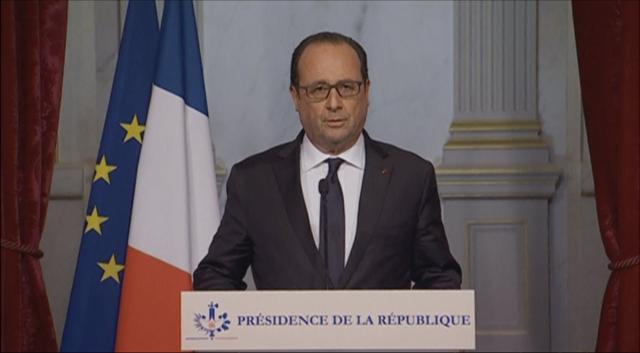 French President Francois Hollande makes a statement on television following attacks in Paris, France, in this still image taken from video on November 13. (Reuters)