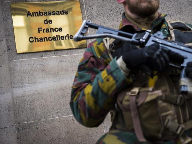 A soldier stands guard outside the French embassy the day after a string of attacks in Paris, in Brussels. (AFP) A soldier stands guard outside the French embassy the day after a string of attacks in Paris, in Brussels. (AFP)