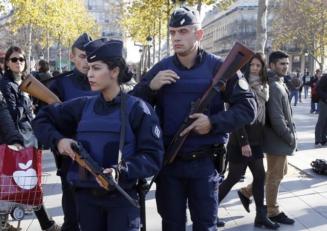 French police patrol at the Monument a la Republique, in the Place de la Republique in Paris. (AFP) French police patrol at the Monument a la Republique, in the Place de la Republique in Paris. (AFP)