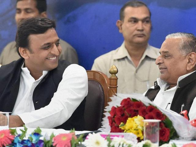 Samajwadi Party president Mulayam Singh Yadav and UP chief minister Akhilesh Yadav at a book release function in Lucknow. (PTI) Samajwadi Party president Mulayam Singh Yadav and UP chief minister Akhilesh Yadav at a book release function in Lucknow. (PTI)