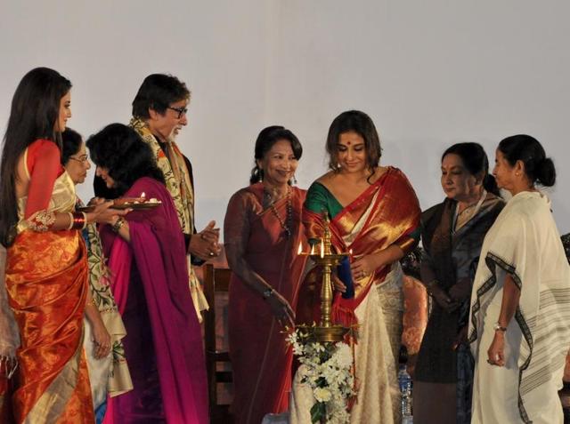 West Bengal Chief Minister Mamata Banerjee with actors Amitabh Bachchan, Jaya Bachchan, Vidya Balan, Sharmila Tagore, Moushumi Chatterjee, Prosenjit Chatterjee , Sandhya Roy and others during the inauguration of the 21st Kolkata International Film Festival in Kolkata. (IANS)