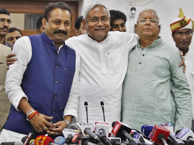 Janta Dal (U) leader Nitish Kumar, RJD’s Lalu Prasad and Ashok Choudhary , President of the Bihar Pradesh Congress Committee during a press conference in Patna, on Sunday, November 8, 2015. Hectic parleys are on in the Grand Alliance for a place in the Nitish government. (Hindustan Times) Janta Dal (U) leader Nitish Kumar, RJD’s Lalu Prasad and Ashok Choudhary , President of the Bihar Pradesh Congress Committee during a press conference in Patna, on Sunday, November 8, 2015. Hectic parleys are on in the Grand Alliance for a place in the Nitish government. (Hindustan Times)