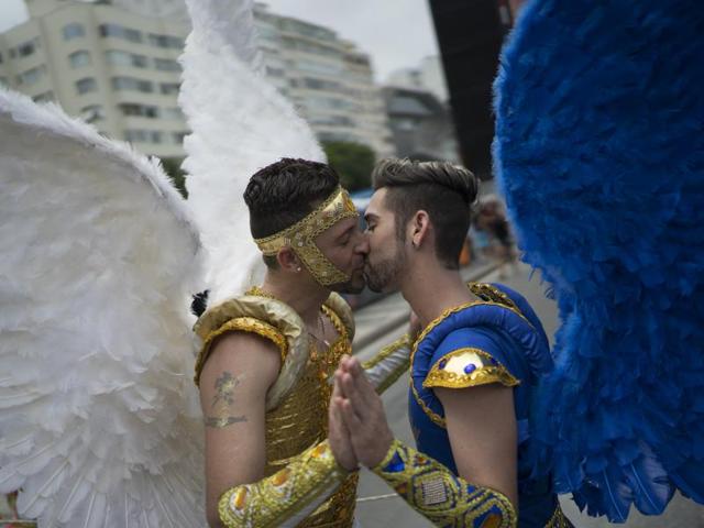 Two men kiss during the Gay Pride Parade in Rio de Janeiro, Brazil on Sunday. (AP)