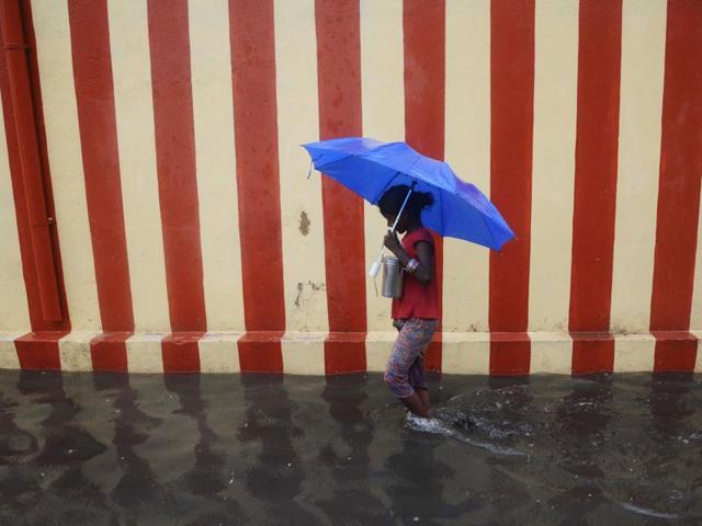 A girl walks under an umbrella along a waterlogged street following heavy rain in Chennai . (AFP) A girl walks under an umbrella along a waterlogged street following heavy rain in Chennai . (AFP)