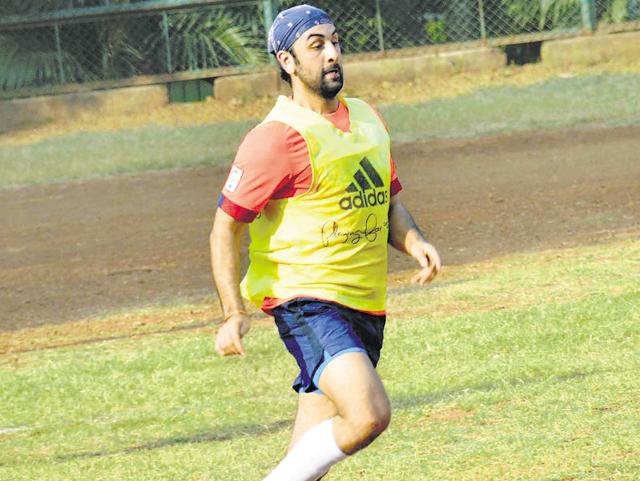 Ranbir Kapoor was spotted playing football at a ground in Khar, Mumbai, along with other Bollywood stars. (Photo: Yogen Shah/HT)