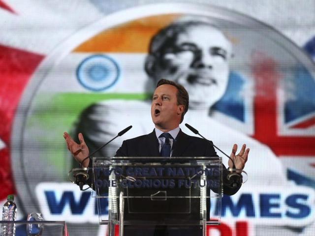 British Prime Minister David Cameron addresses a welcome rally for India's Prime Minister Narendra Modi at Wembley Stadium in London on November 13, 2015. (AFP) British Prime Minister David Cameron addresses a welcome rally for India's Prime Minister Narendra Modi at Wembley Stadium in London on November 13, 2015. (AFP)