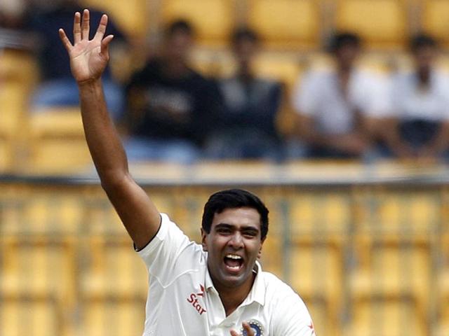 India’s Ravichandran Ashwin celebrates the dismissal of South Africa’s Faf du Plessis during the first day of the second Test in Bengaluru on November 14, 2015.(AP Photo)