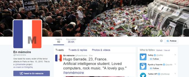 A screen grab shows the @ParisVictims page on Twitter.
