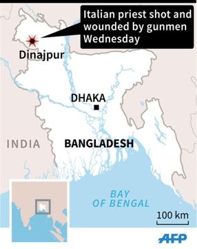 Map of Bangladesh locating the area where gunmen shot and wounded an Italian priest on Wednesday. (AFP) Map of Bangladesh locating the area where gunmen shot and wounded an Italian priest on Wednesday. (AFP)