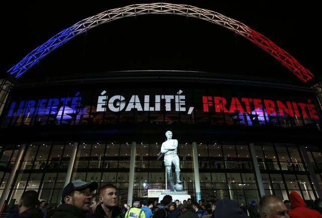 Wembley bears the French national colours along with the French motto of ‘Liberty, Equality, Fraternity’. (AP Photo) Wembley bears the French national colours along with the French motto of ‘Liberty, Equality, Fraternity’. (AP Photo)