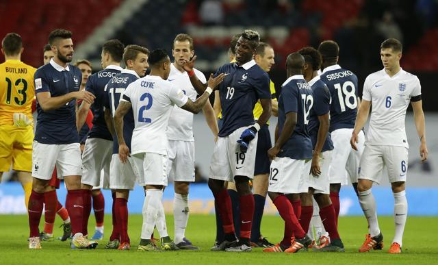 English and French players shake hands after the match. (AP Photo) English and French players shake hands after the match. (AP Photo)