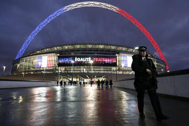 Armed police outside Wembley before the match. (Reuters Photo) Armed police outside Wembley before the match. (Reuters Photo)