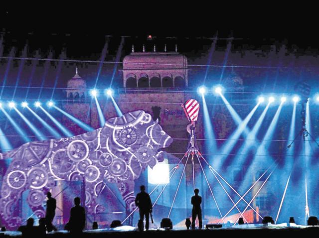 Preparations being made for a laser show at Janpath, opposite the state Assembly, for the Resurgent Rajasthan summit.(HT photo)