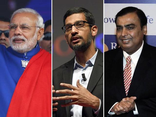 A combination photo of Prime Minister Narendra Modi, Reliance Industries chairman Mukesh Ambani and Google CEO Sundar Pichai. (Agencies) A combination photo of Prime Minister Narendra Modi, Reliance Industries chairman Mukesh Ambani and Google CEO Sundar Pichai. (Agencies)