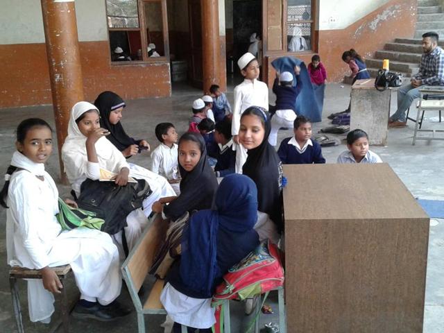 Students at a madrasa in Manimajra.(HT Photo)