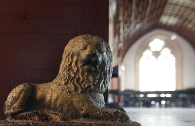 Two cast iron doorstoppers, both in the shape of a lion, still exist and are used to stop the reading hall doors from moving due to the strong winds. (Photo: Kunal Patil/ Hindustan Times) Two cast iron doorstoppers, both in the shape of a lion, still exist and are used to stop the reading hall doors from moving due to the strong winds. (Photo: Kunal Patil/ Hindustan Times)